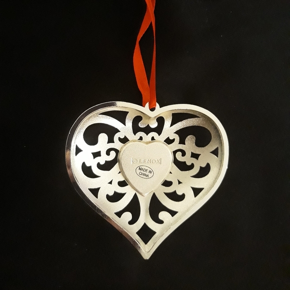 Lenox Gemmed Heart Ornament - Ornate Silver Tone Metal + Red Acrylic Jewel - Picture 2 of 8